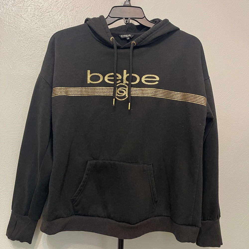 Bebe Men's Black Hoodie with Gold Accents